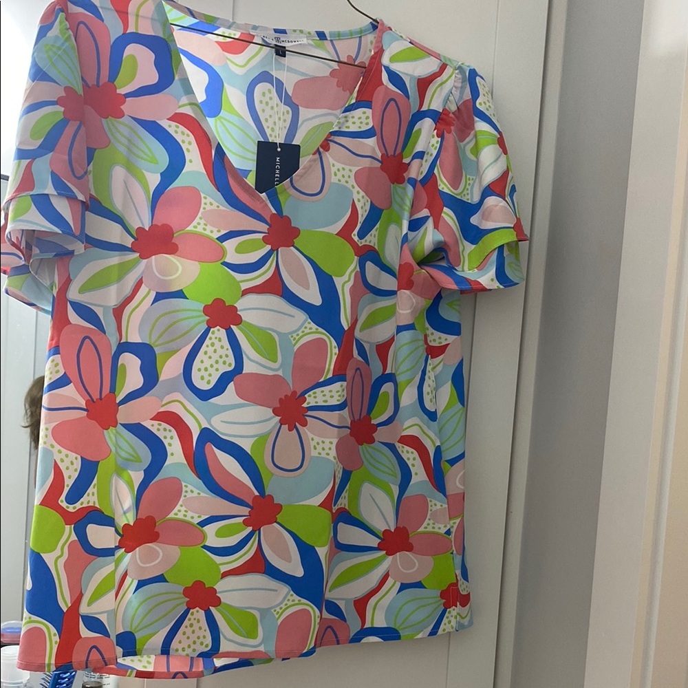 Pink and Green Graphic Ruffled Blouse